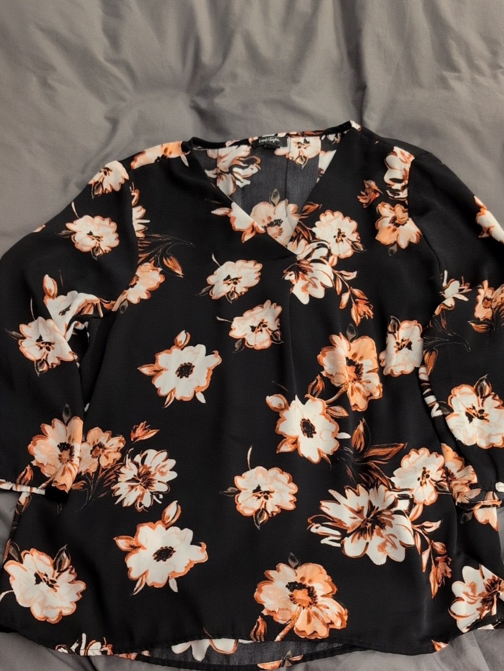 Lord & Taylor Black Blouse with Peach & White Floral Print Size Xl
